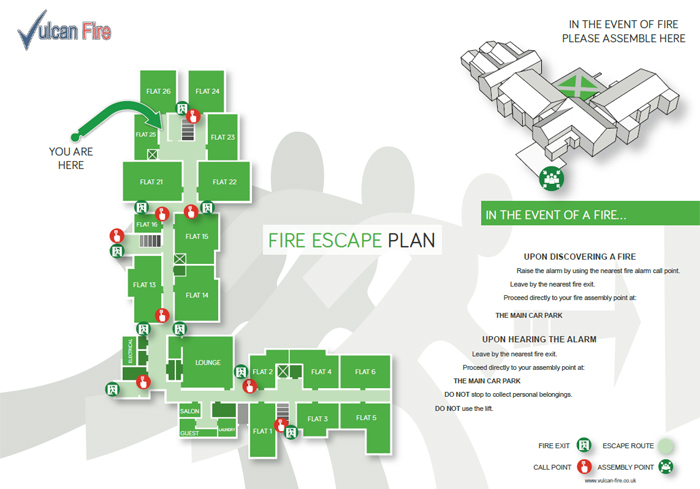 Fire Escape Plans Illustration. Vulcan Fire, Rochdale, Manchester